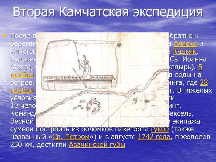 Вторая Камчатская экспедиция • После высадки на о. Каяк, пакетбот повернул обратно к берегам