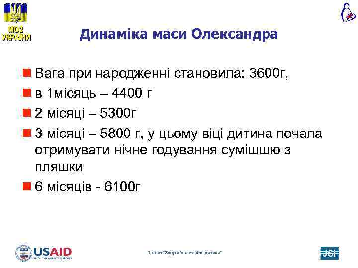 Динаміка маси Олександра n Вага при народженні становила: 3600 г, n в 1 місяць