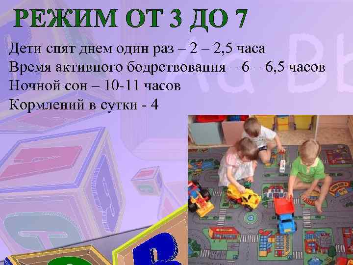 РЕЖИМ ОТ 3 ДО 7 Дети спят днем один раз – 2, 5 часа