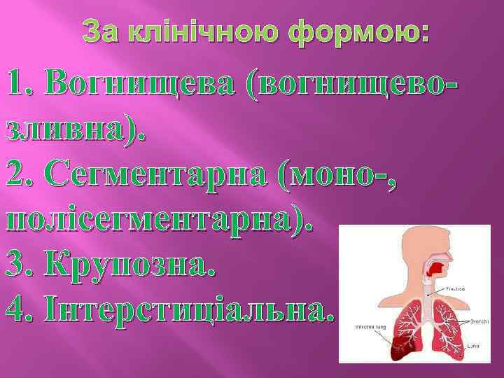 За клінічною формою: 1. Вогнищева (вогнищевозливна). 2. Сегментарна (моно-, полісегментарна). 3. Крупозна. 4. Інтерстиціальна.