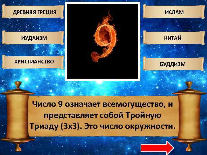 ДРЕВНЯЯ ГРЕЦИЯ ИСЛАМ ИУДАИЗМ КИТАЙ ХРИСТИАНСТВО БУДДИЗМ Число 9 означает всемогущество, и представляет собой