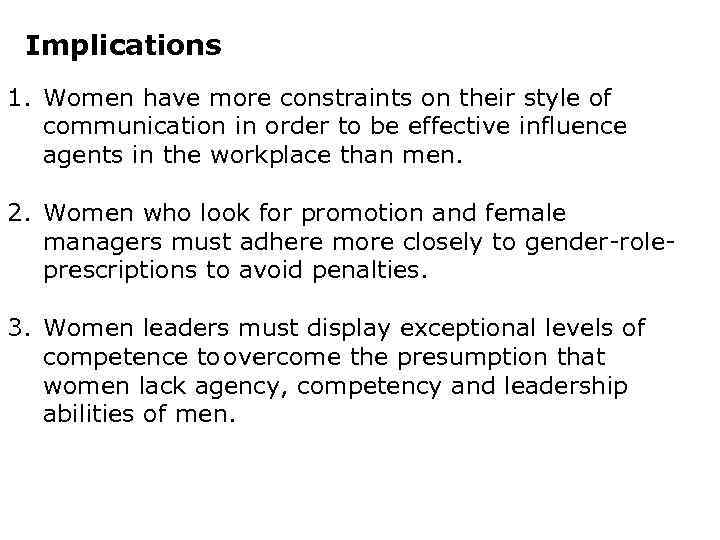 Implications 1. Women have more constraints on their style of communication in order to