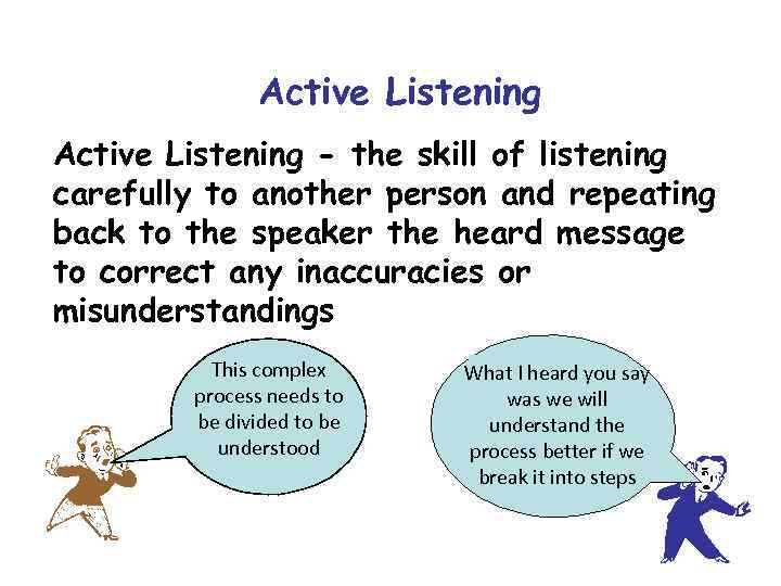 Active Listening - the skill of listening carefully to another person and repeating back