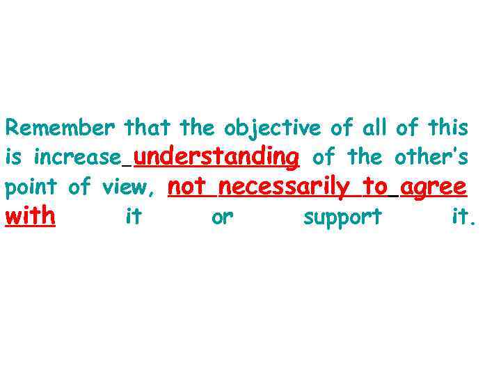 Remember that the objective of all of this is increase understanding of the other’s