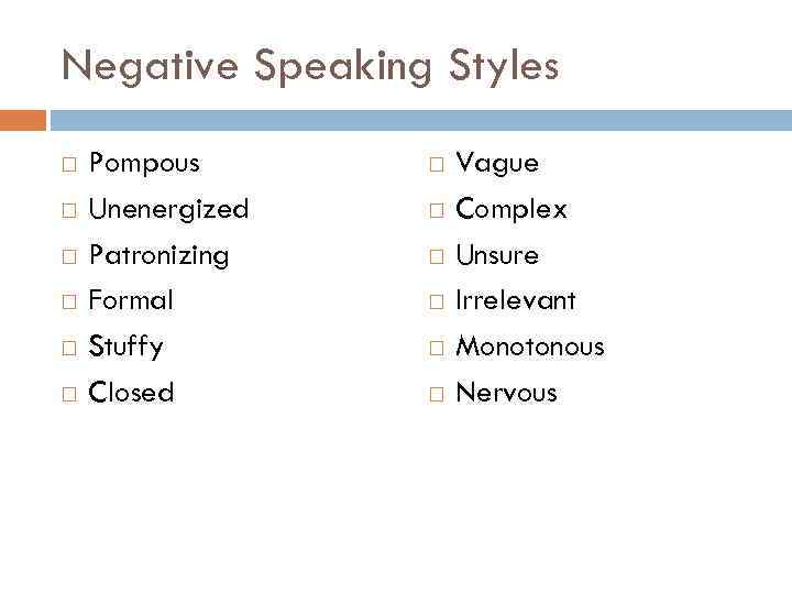 Negative Speaking Styles Pompous Unenergized Patronizing Formal Stuffy Closed Vague Complex Unsure Irrelevant Monotonous