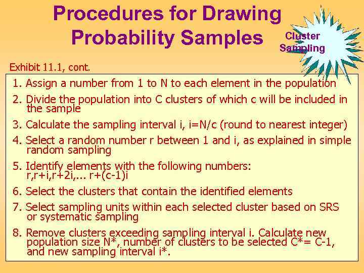 Procedures for Drawing Cluster Probability Samples Sampling Exhibit 11. 1, cont. 1. Assign a