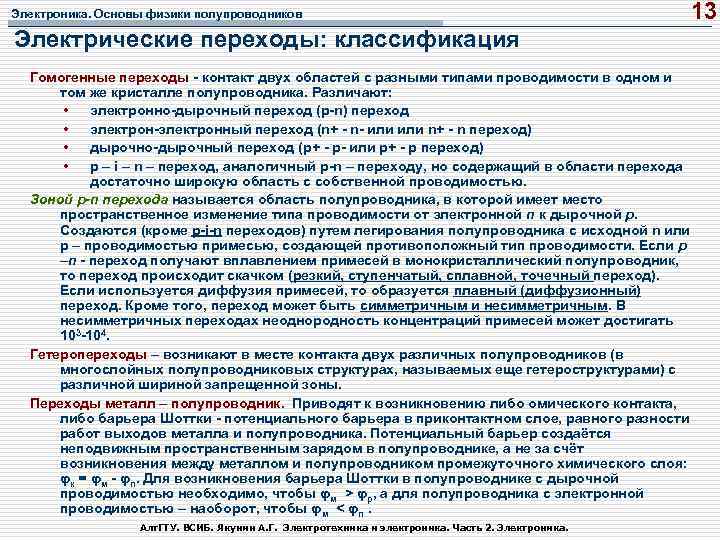 Электроника. Основы физики полупроводников 13 Электрические переходы: классификация Гомогенные переходы контакт двух областей с