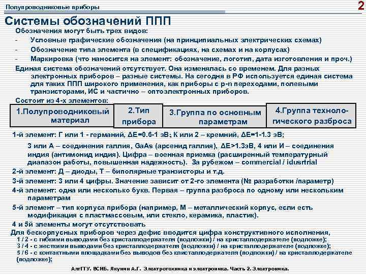 2 Полупроводниковые приборы Системы обозначений ППП Обозначения могут быть трех видов: Условные графические обозначения