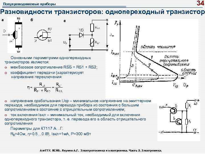 34 Разновидности транзисторов: однопереходный транзистор Полупроводниковые приборы Основными параметрами однопереходных транзисторов являются: o межбазовое