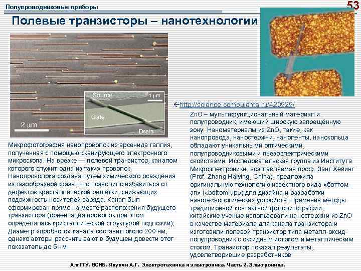53 Полупроводниковые приборы Полевые транзисторы – нанотехнологии http: //science. compulenta. ru/420929/ Микрофотография нанопроволок из
