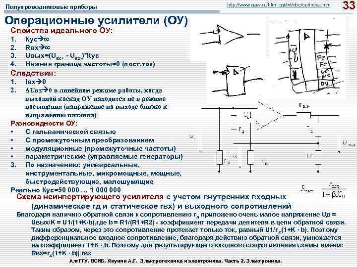 Полупроводниковые приборы http: //www. gaw. ru/html. cgi/txt/doc/op/index. htm 33 Операционные усилители (ОУ) Свойства идеального