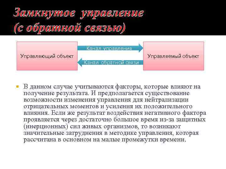 Замкнутое управление (с обратной связью) Канал управления Управляющий объект Канал обратной связи Управляемый объект
