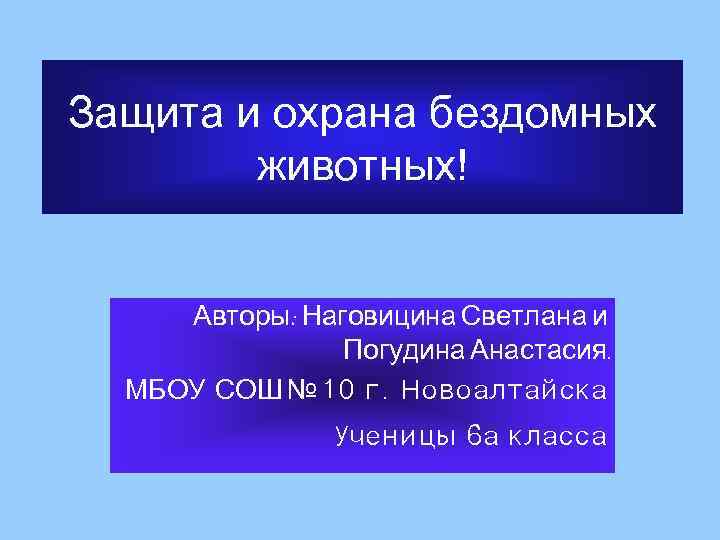 Защита и охрана бездомных животных! Авторы: Наговицина Светлана и Погудина Анастасия. МБОУ СОШ №