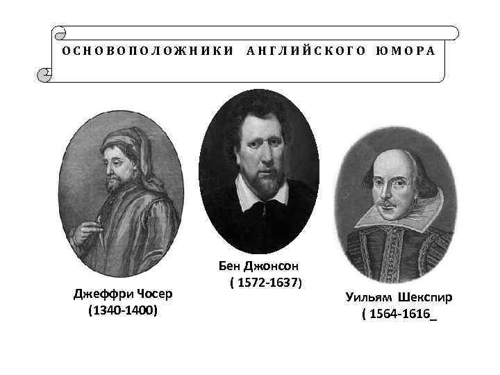 ОСНОВОПОЛОЖНИКИ Джеффри Чосер (1340 -1400) АНГЛИЙСКОГО ЮМОРА Бен Джонсон ( 1572 -1637) Уильям Шекспир