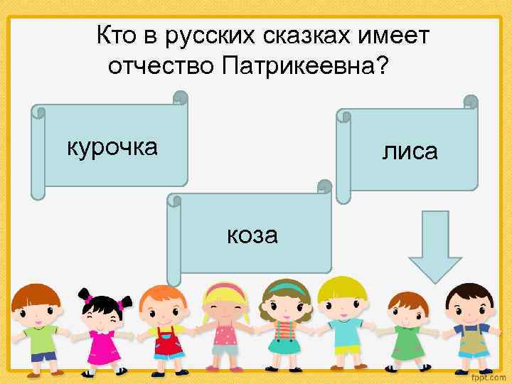  Кто в русских сказках имеет отчество Патрикеевна? курочка лиса коза 