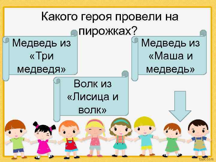  Какого героя провели на пирожках? Медведь из «Три медведя» Волк из «Лисица и