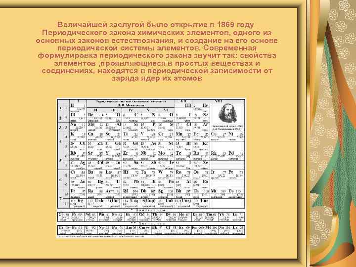 Величайшей заслугой было открытие в 1869 году Периодического закона химических элементов, одного из основных