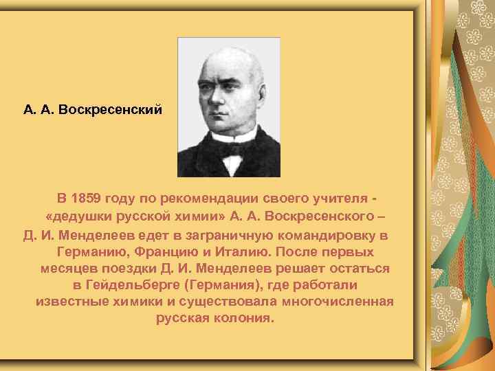 А. А. Воскресенский В 1859 году по рекомендации своего учителя - «дедушки русской химии»