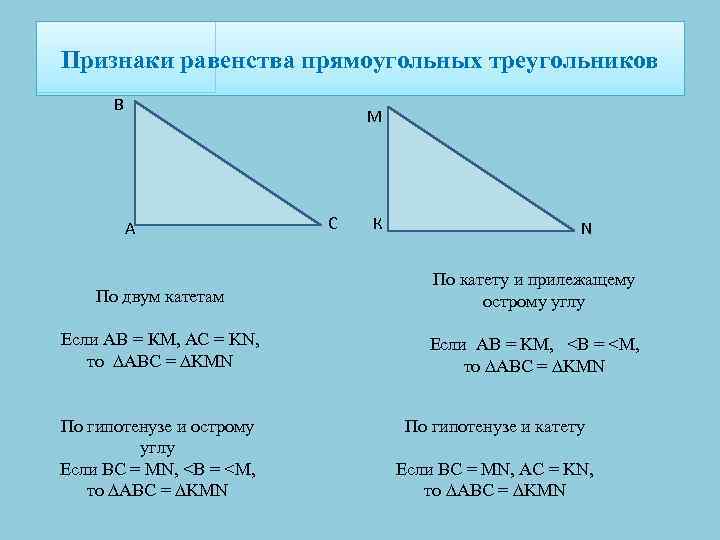 Признаки равенства прямоугольных треугольников В М А С К N По двум катетам По