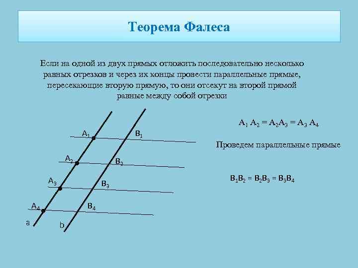 Теорема Фалеса Если на одной из двух прямых отложить последовательно несколько равных отрезков и