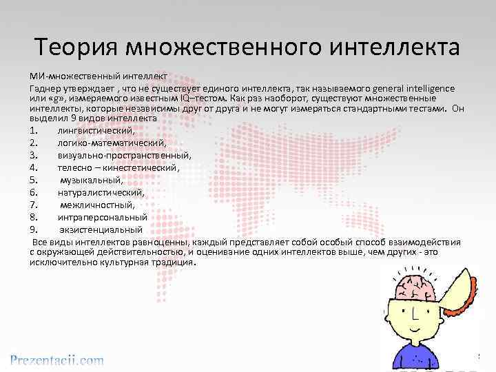 Теория множественного интеллекта МИ-множественный интеллект Гаднер утверждает , что не существует единого интеллекта, так
