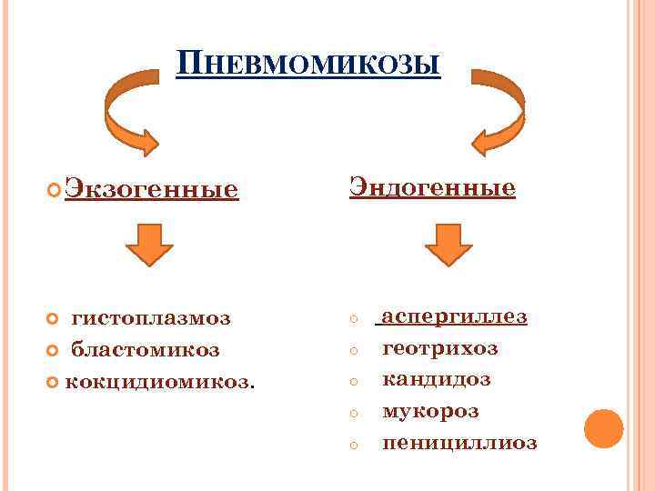 ПНЕВМОМИКОЗЫ Экзогенные Эндогенные гистоплазмоз бластомикоз кокцидиомикоз. o o o аспергиллез геотрихоз кандидоз мукороз пенициллиоз