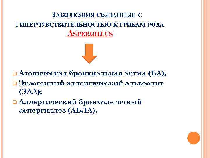 ЗАБОЛЕВНИЯ СВЯЗАННЫЕ С ГИПЕРЧУВСТВИТЕЛЬНОСТЬЮ К ГРИБАМ РОДА ASPERGILLUS Атопическая бронхиальная астма (БА); q Экзогенный