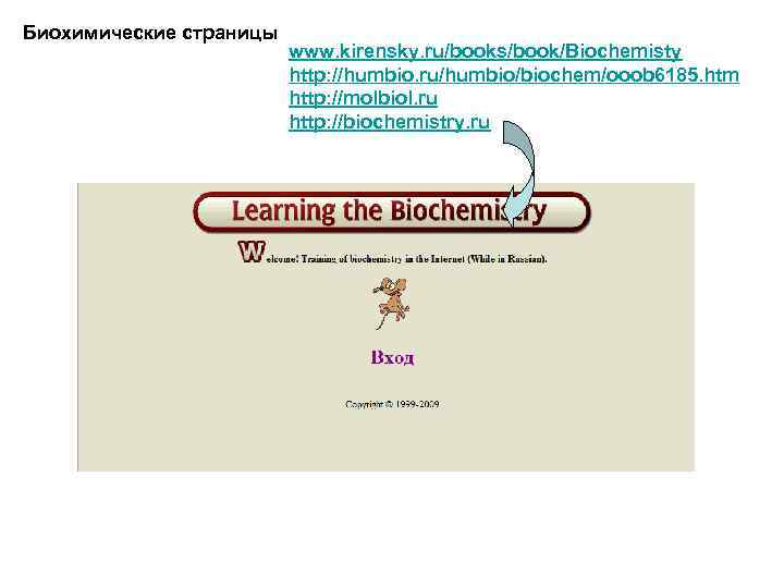 Биохимические страницы www. kirensky. ru/books/book/Biochemisty http: //humbio. ru/humbio/biochem/ooob 6185. htm http: //molbiol. ru http: