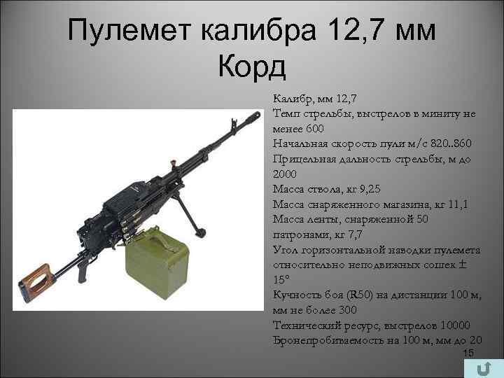 Пулемет калибра 12, 7 мм Корд Калибр, мм 12, 7 Темп стрельбы, выстрелов в