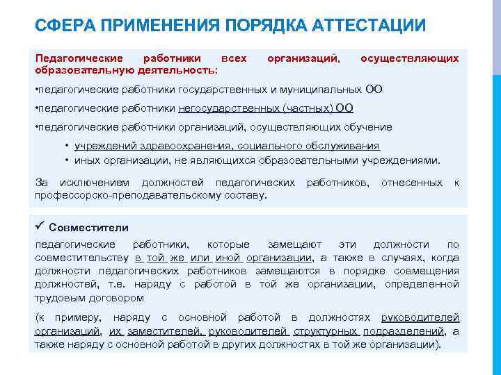 СФЕРА ПРИМЕНЕНИЯ ПОРЯДКА АТТЕСТАЦИИ Педагогические работники всех образовательную деятельность: организаций, осуществляющих • педагогические работники