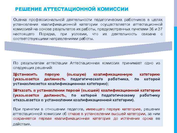 РЕШЕНИЕ АТТЕСТАЦИОННОЙ КОМИССИИ Оценка профессиональной деятельности педагогических работников в целях установления квалификационной категории осуществляется
