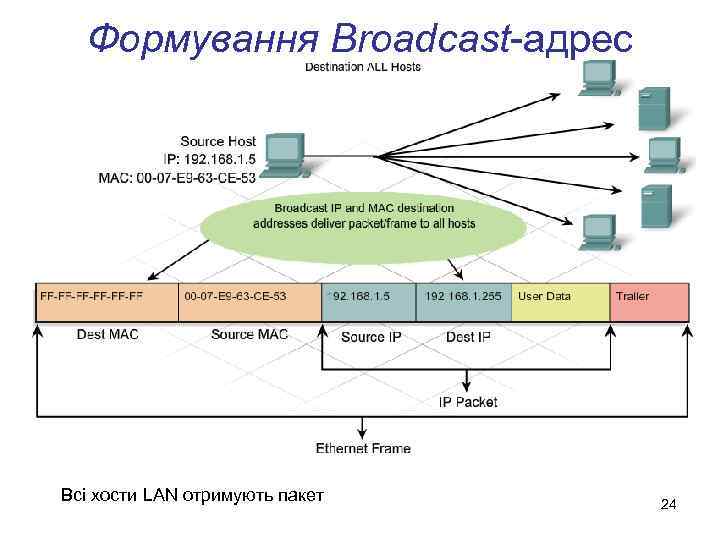 Формування Broadcast-адрес Всі хости LAN отримують пакет 24 