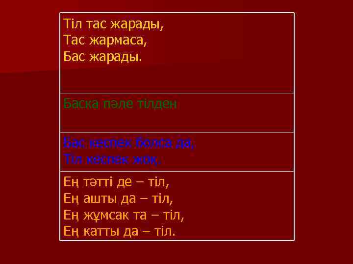 Тіл тас жарады, Тас жармаса, Бас жарады. Баска пәле тілден Бас кеспек болса да,