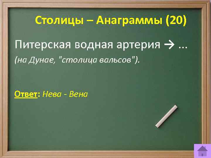 Столицы – Анаграммы (20) Питерская водная артерия →. . . (на Дунае, 