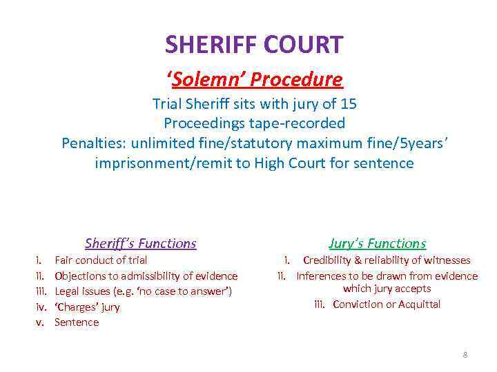 SHERIFF COURT ‘Solemn’ Procedure Trial Sheriff sits with jury of 15 Proceedings tape-recorded Penalties: