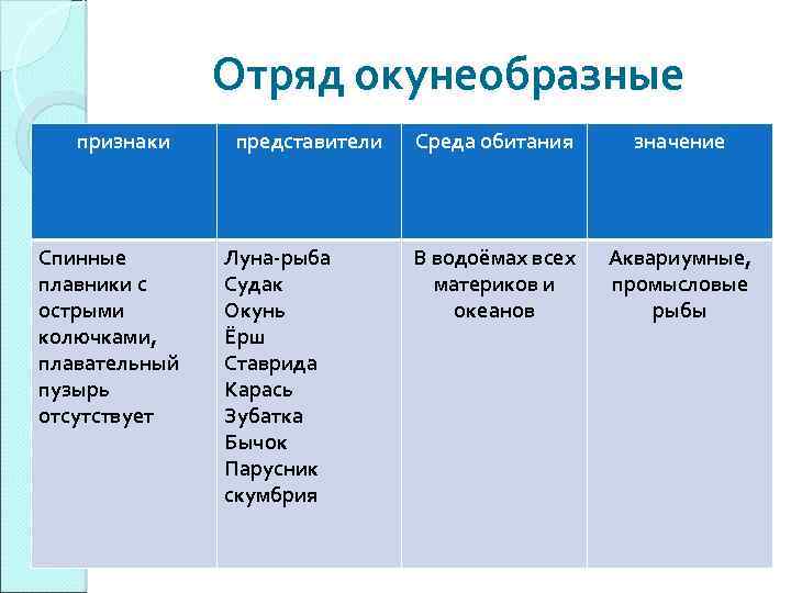 Отряд окунеобразные признаки Спинные плавники с острыми колючками, плавательный пузырь отсутствует представители Луна-рыба Судак