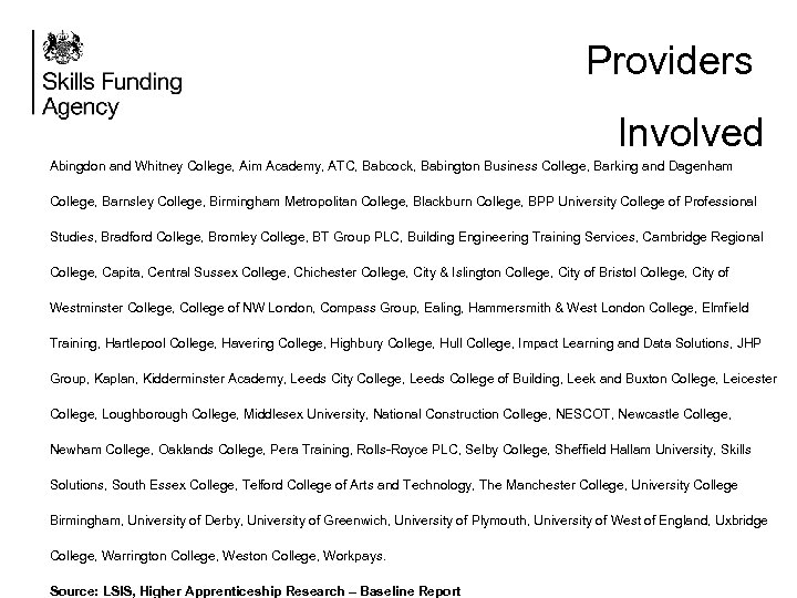 Providers Involved Abingdon and Whitney College, Aim Academy, ATC, Babcock, Babington Business College, Barking