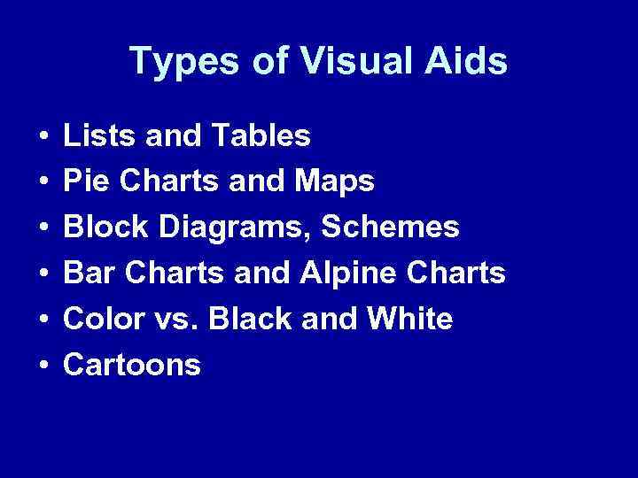 Types of Visual Aids • • • Lists and Tables Pie Charts and Maps