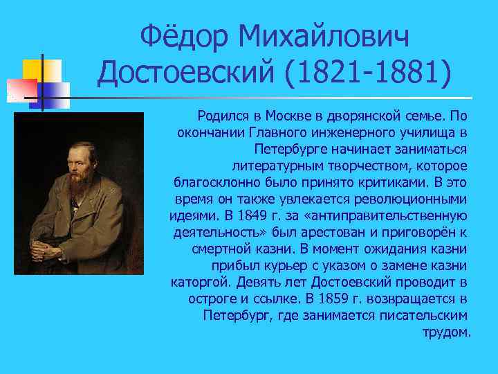 Фёдор Михайлович Достоевский (1821 1881) Родился в Москве в дворянской семье. По окончании Главного