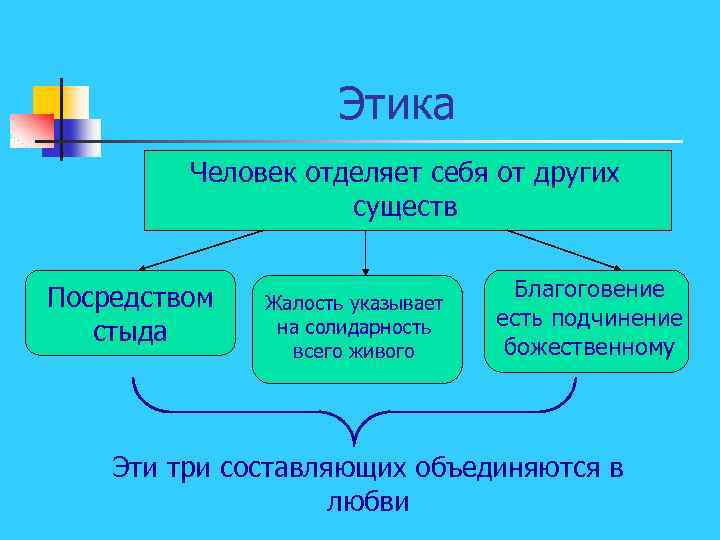 Этика Человек отделяет себя от других существ Посредством стыда Жалость указывает на солидарность всего