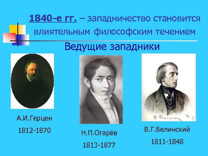 1840 -е гг. – западничество становится влиятельным философским течением Ведущие западники А. И. Герцен