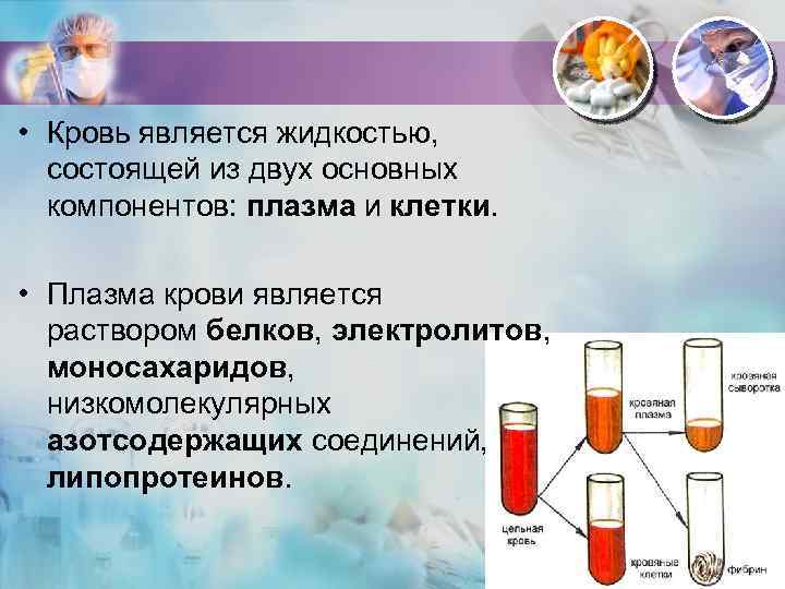  • Кровь является жидкостью, состоящей из двух основных компонентов: плазма и клетки. •