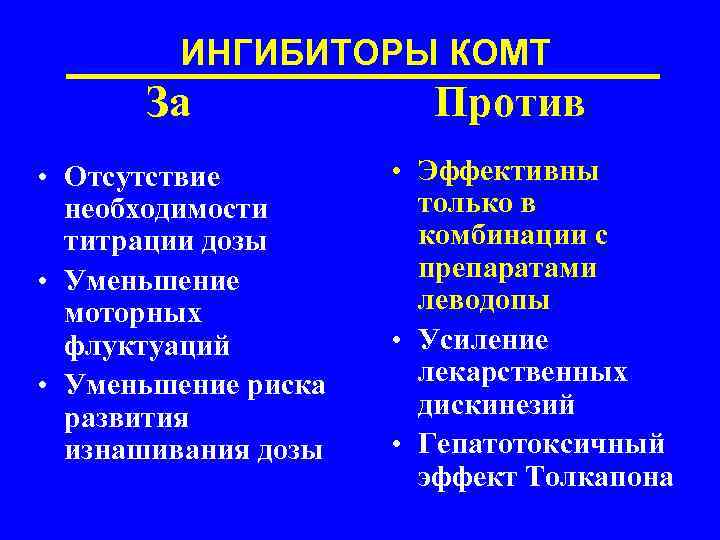 ИНГИБИТОРЫ КОМТ За • Отсутствие необходимости титрации дозы • Уменьшение моторных флуктуаций • Уменьшение