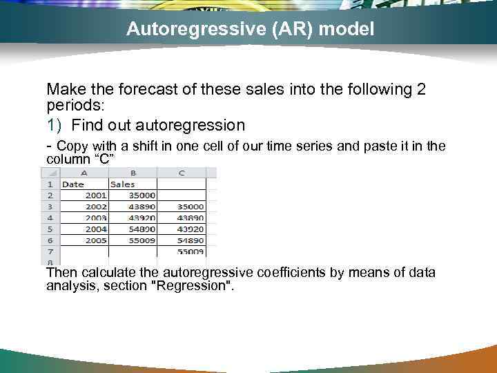 Autoregressive (AR) model Make the forecast of these sales into the following 2 periods: