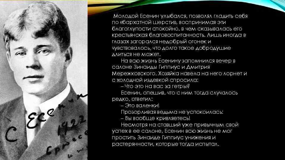 Молодой Есенин улыбался, позволял гладить себя по «бархатной шерсти» , воспринимая эти благоглупости спокойно,