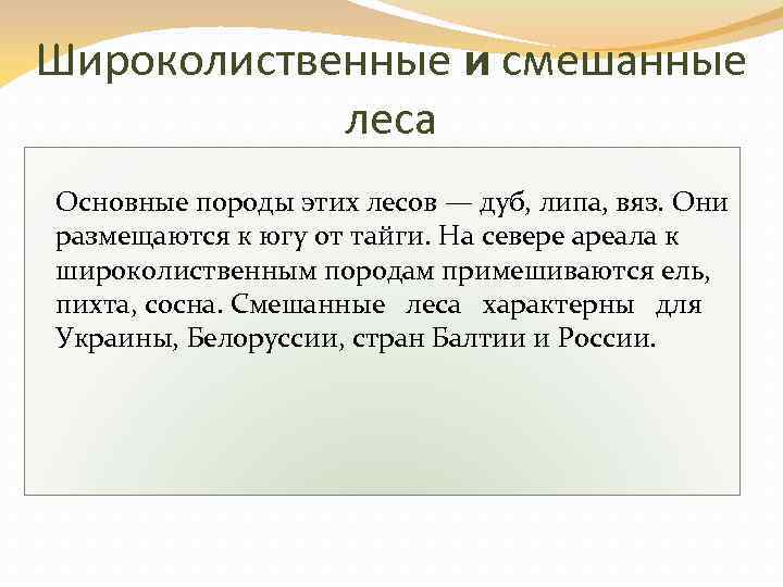 Широколиственные и смешанные леса Основные породы этих лесов — дуб, липа, вяз. Они размещаются