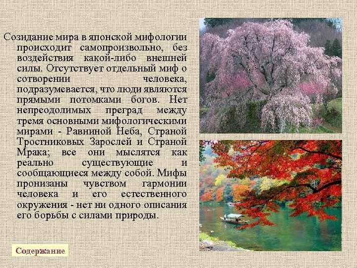 Созидание мира в японской мифологии происходит самопроизвольно, без воздействия какой-либо внешней силы. Отсутствует отдельный