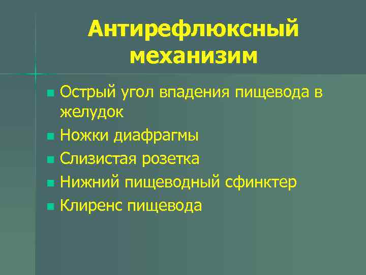 Антирефлюксный механизим Острый угол впадения пищевода в желудок n Ножки диафрагмы n Слизистая розетка