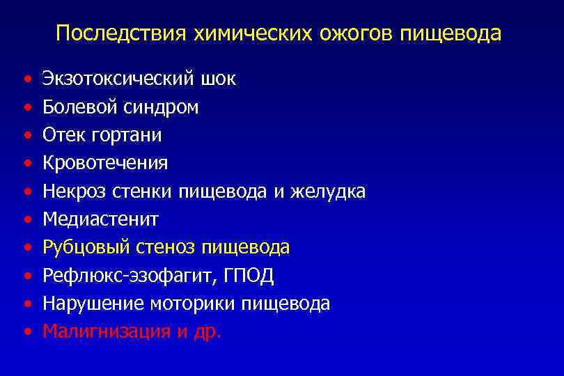 Последствия химических ожогов пищевода • • • Экзотоксический шок Болевой синдром Отек гортани Кровотечения