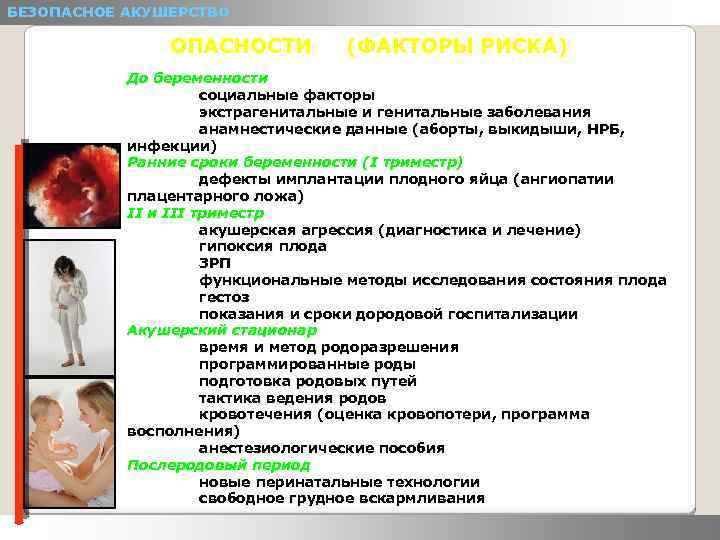 БЕЗОПАСНОЕ АКУШЕРСТВО ОПАСНОСТИ (ФАКТОРЫ РИСКА) До беременности социальные факторы экстрагенитальные и генитальные заболевания анамнестические